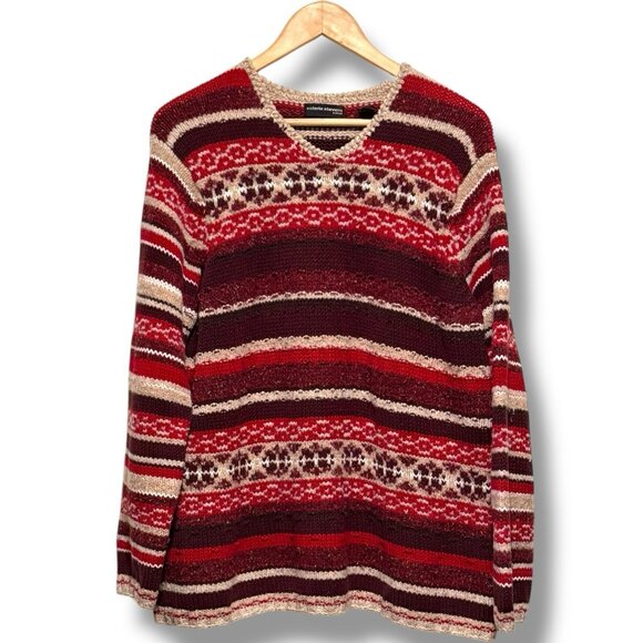 Vintage 90s Red Tan Chunky Knit Striped Wool Blend V-neck Sweater Womens Size XL - Picture 1 of 8